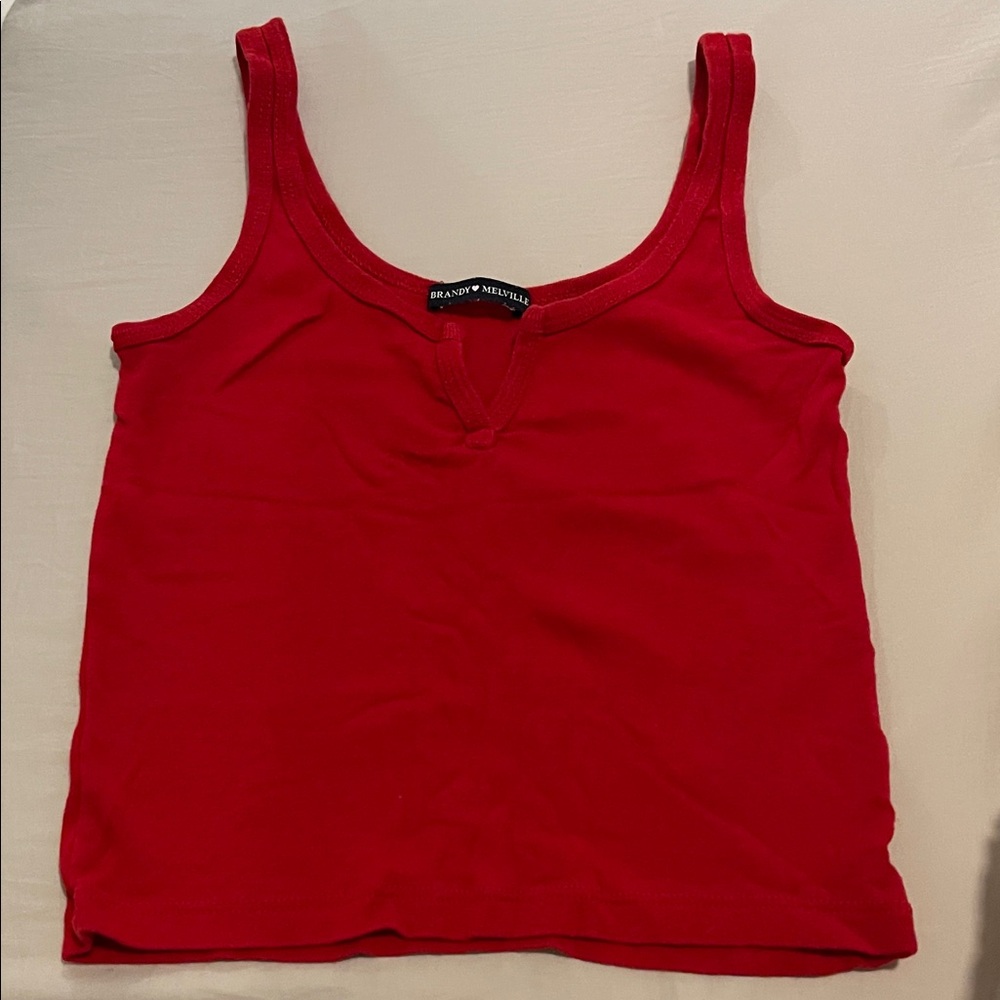 Brandy Melville Red Ribbed V-Notch Tank Top